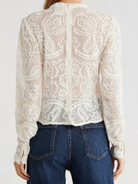 FARM Rio Ivory Sheer Embroidered Mock-Neck Blouse - Picture 2 of 6